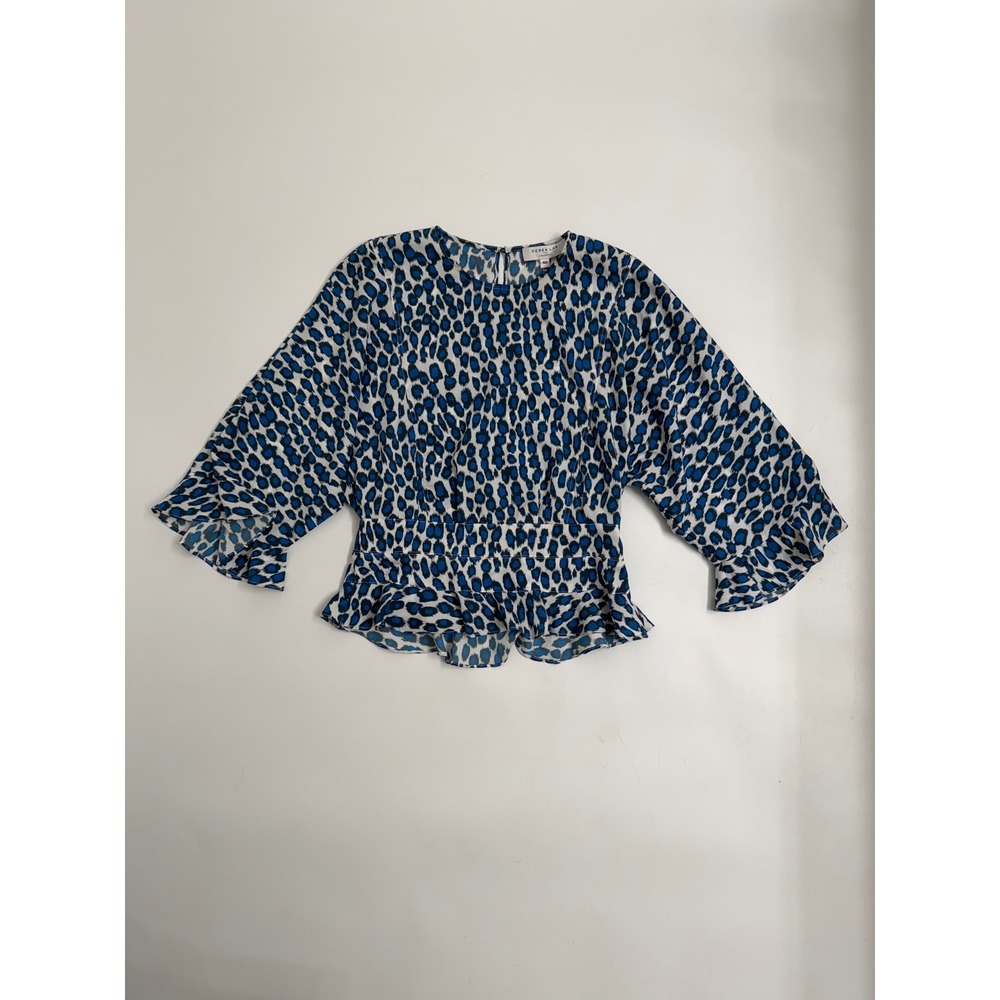 Derek Lam Collective‎ Blue Leopard Print Peplum Blouse Size 40 Ruffle Hem Top